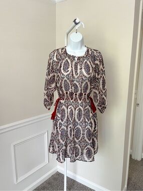 Anthropologie Cream Paisley Mini Dress with Maroon Tassels